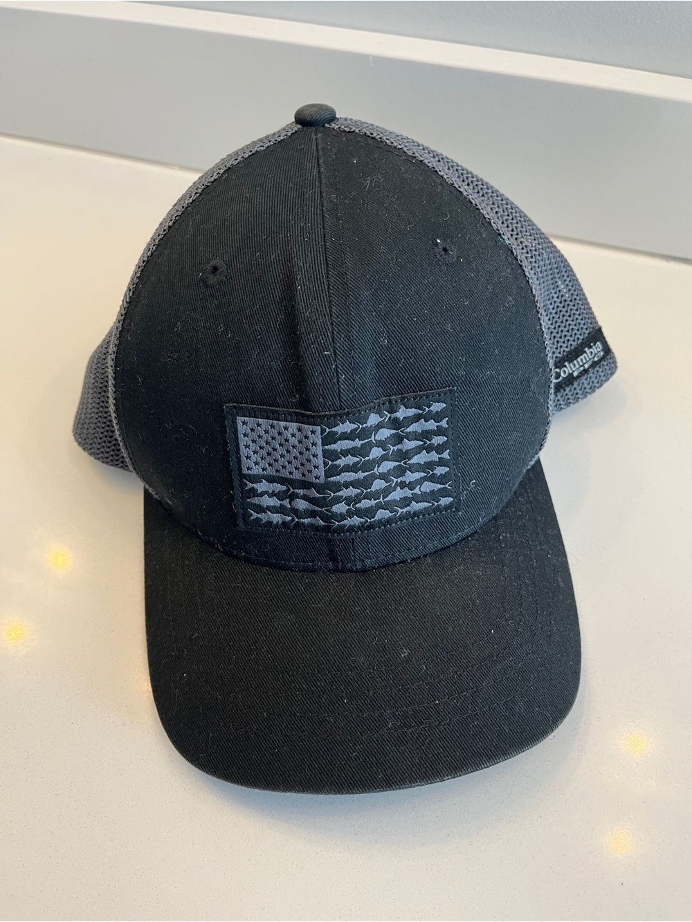 Columbia Black Mesh Back Hat with American Flag Fish Patch youth